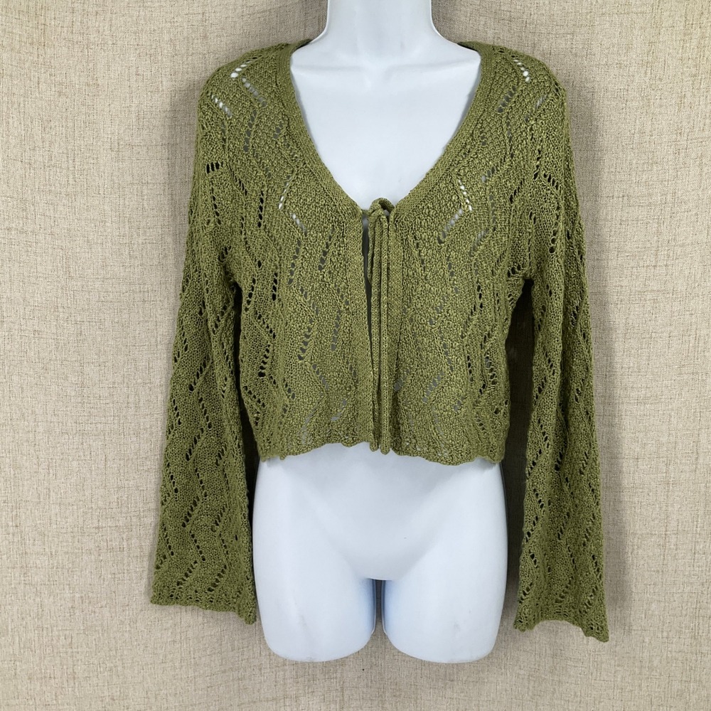 LC Lauren Conrad Cardigan Women SP Green Boho Pointelle Tie Front Cropped Knit